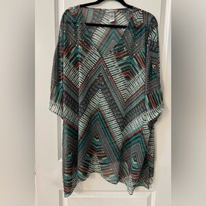 #9036 - Catherine’s Embellished Aqua & Rust Chevron V-Neck Blouse Swim Cover-Up